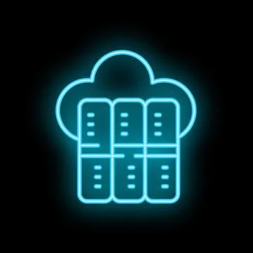 Neon blue glowing cloud computing database server icon on black background Illustrazione stock