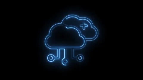 Neon blue glowing cloud network with plus sign and circuit connections on b.. Stock Footage 346014098