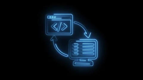 Neon blue glowing code editor window and computer monitor with arrows indic.. Stockbeeldmateriaal 346826005