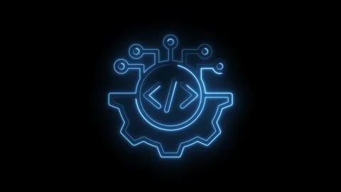 Neon blue glowing code symbol inside a gear with circuit board connections .. 스톡 동영상 346826254
