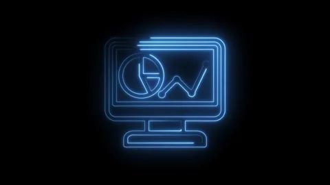 Neon blue glowing computer screen displaying financial charts pie graph and line 스톡 동영상 333951888