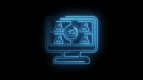 Neon blue glowing computer screen displaying a video conference with four Stock Footage 333956148