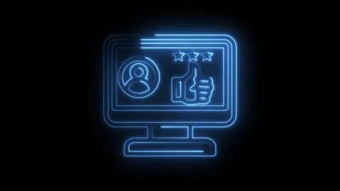 Neon blue glowing computer screen displaying user profile thumbs up and star Stock Footage 333959977