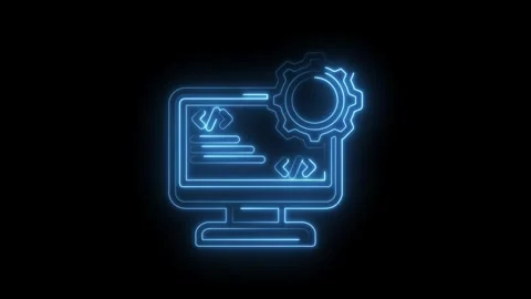 Neon blue glowing computer screen with code symbols and gear icon on black Stock Footage 333966313