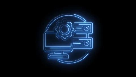 Neon blue glowing computer server rack and gear icon animation symbolizing .. Vídeo Stock 346123640