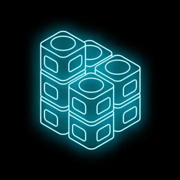 Neon blue glowing data storage server units icon with perspective view Illustrazione stock