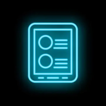 Neon blue glowing digital tablet icon showing list on black background Stock Illustration