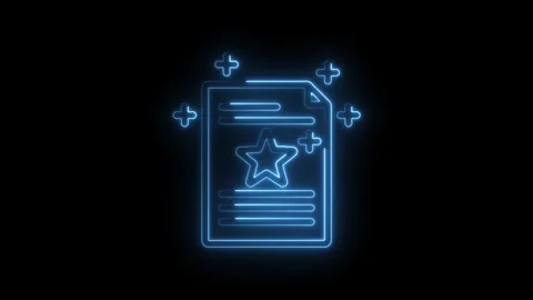 Neon blue glowing document icon with star and plus symbols on black background Stock Footage 333951635