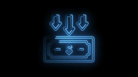 Neon blue glowing dollar bill icon with three downward arrows indicating Stock Footage 333954541