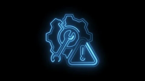 Neon blue glowing engineering symbol with wrench gear and warning sign on icon Stock Footage 333960935