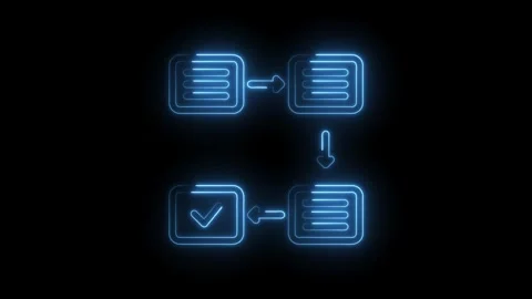 Neon blue glowing flowchart process steps with checkmark completion on black Stock Footage 333952476