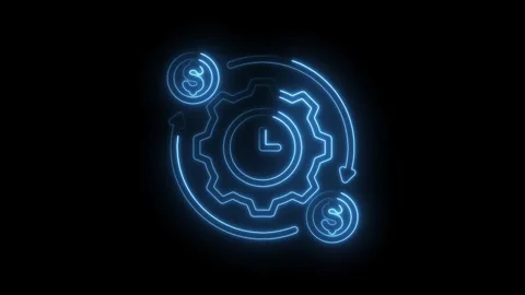 Neon blue glowing gear with clock and dollar coins in circular arrow motion Stockbeeldmateriaal 333956916