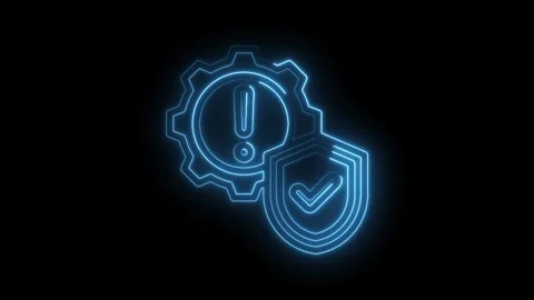 Neon blue glowing gear with exclamation mark and shield with checkmark on b.. Stock Footage 346014490