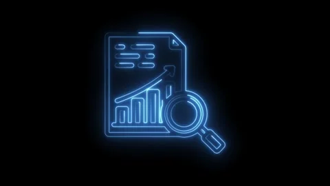 Neon blue glowing graph analysis with magnifying glass on black background Stock Footage 333970116