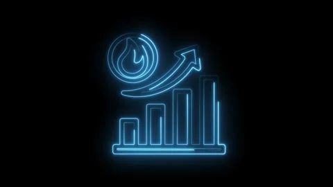 Neon blue glowing graph bars rising with upward arrow and fire icon symbolizing Stock Footage 333961080