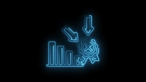 Neon blue glowing graph bars declining towards a rejected badge with cross .. Stock Footage 346112649