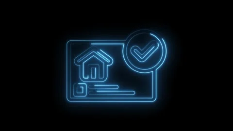 Neon blue glowing house icon on a credit card with a checkmark symbol signi.. Stock Footage 346103757