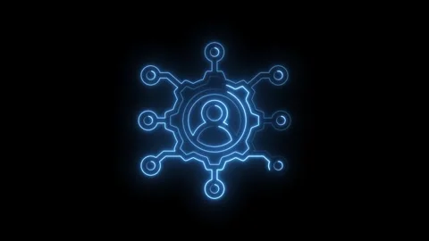 Neon blue glowing human icon inside gear connected to network nodes abstract Stock Footage 333970155
