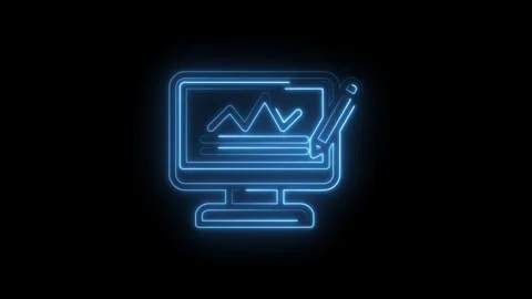 Neon blue glowing icon of computer monitor displaying financial graph with Stock Footage 333951816
