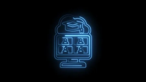 Neon blue glowing icon of a computer screen displaying four user profiles and a Stock Footage 333956435