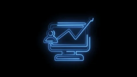 Neon blue glowing icon of a computer screen displaying a rising graph and a user 스톡 동영상 333957344