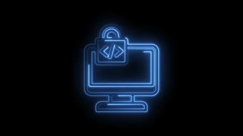 Neon blue glowing icon of a computer monitor with a padlock and code symbol.. Stock Footage 346826858