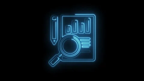 Neon blue glowing icon of a document with bar graph and pencil next to a ma.. Stock Footage 346829233