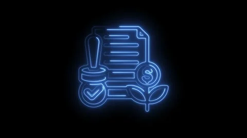 Neon blue glowing icon of a document with a stamp and a money plant symboli.. Stock Footage 346899301