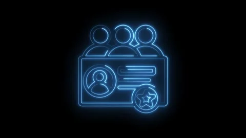 Neon Blue Glowing Icon of Group of People and I D Card with Star Symbol on Black Stock Footage 333957042