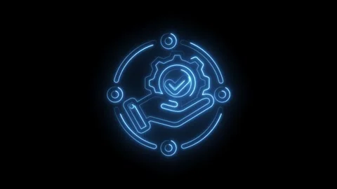Neon blue glowing icon of a hand holding a gear with a checkmark inside a c.. Stock Footage 346129964