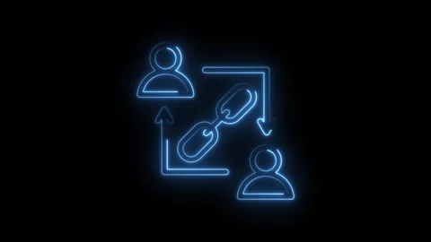 Neon blue glowing icon representing two people connected by a chain link Stock Footage 333963594
