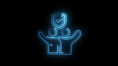 Neon blue glowing icon of two people protected by a shield with a checkmark Stock Footage 333954765