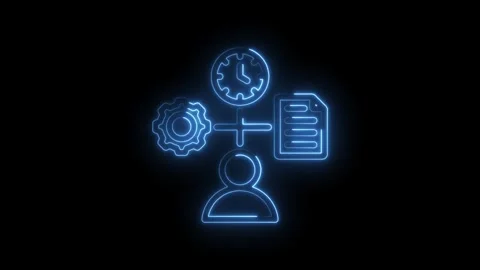 Neon blue glowing icons representing business process management time management Stock Footage 333962082