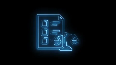 Neon blue glowing legal document checklist and balance scales icon on black.. Stock Footage 346129456