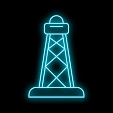 Neon blue glowing lighthouse icon on black background Stock Illustration