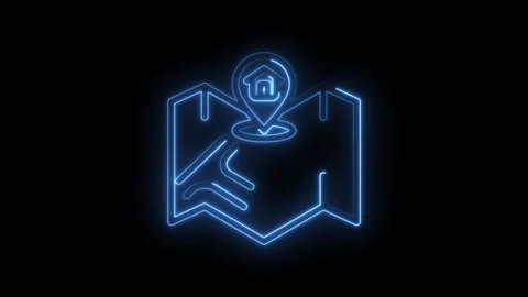 Neon blue glowing map pin icon with house symbol on folded map abstract Stock Footage 333969630