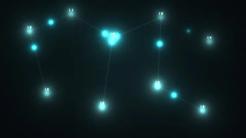 Neon blue glowing nodes connected by lines in dark Видео 338317105