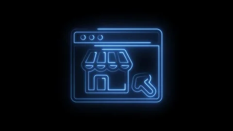 Neon blue glowing online store with cursor clicking on black background dig.. Stock Footage 346012146