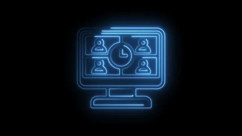 Neon blue glowing outline of a computer monitor displaying a video conference Stock Footage 333956331