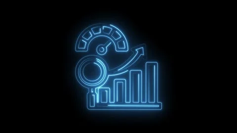 Neon blue glowing performance meter graph with upward arrow and circular element Stock Footage 333959182