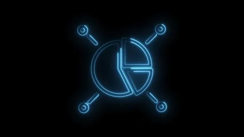 Neon blue glowing pie chart icon with four radiating lines and circular ends on Stock Footage 333969094
