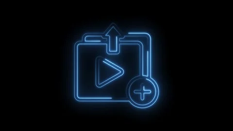 Neon blue glowing play button folder upload icon with plus sign animation on Stock Footage 333958382