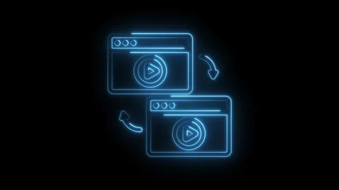 Neon blue glowing play button icons within browser windows with circular ar.. Stock Footage 346122765