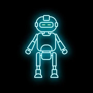 Neon blue glowing robot icon against a dark black background Stock Illustration