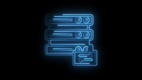 Neon blue glowing server rack icon with data transfer arrows on black background Stock Footage 333958146
