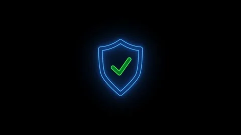 Neon blue glowing shield icon with green checkmark on black background. 4k .. Stock Footage 337364113