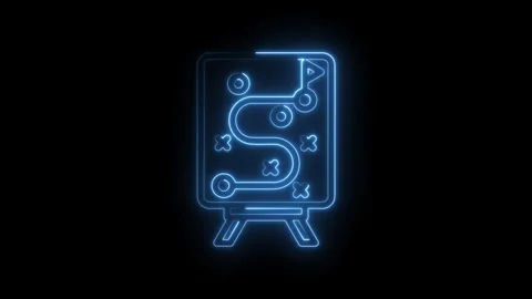 Neon blue glowing strategy board with path markers and icons on easel dark Stock Footage 333958236