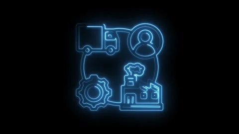 Neon blue glowing supply chain logistics icon with truck factory gear and person Stock Footage 333961024