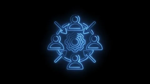 Neon blue glowing team collaboration icon with gear in center and arrows po.. Stock Footage 346140038