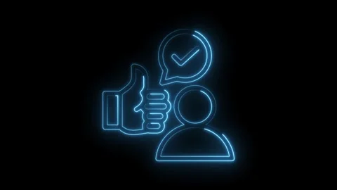 Neon blue glowing thumbs up and checkmark icon on black background successf.. Stock Footage 346014665